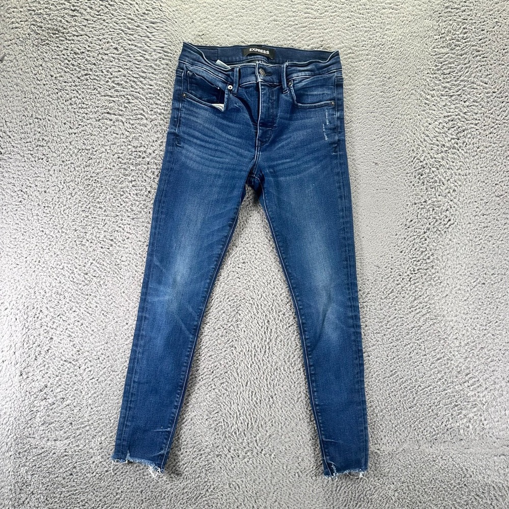 Express Jeans Womens 4 Blue Cotton Denim Jegging Ankle Frayed Hem Faded Stretch